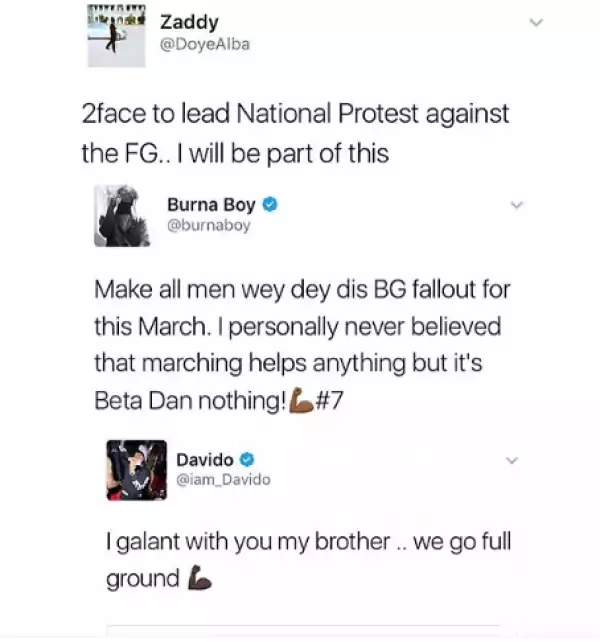 Davido And Burna Boy Tweet Support For 2face Idibia’s Led Nationwide Protest Against FG